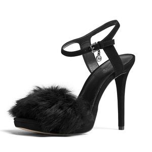 New! MICHAEL KORS Women's Rabbit Fur Trim Black Sexy Heels Open-Toe Pumps NWB